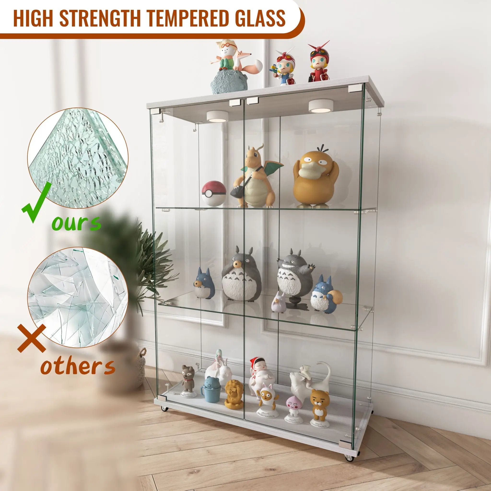 Modern Display Cabinet With LED Lights, Transparent Tempered Glass 2 Door Storage Case With 3 Shelves by HouseOfZazla