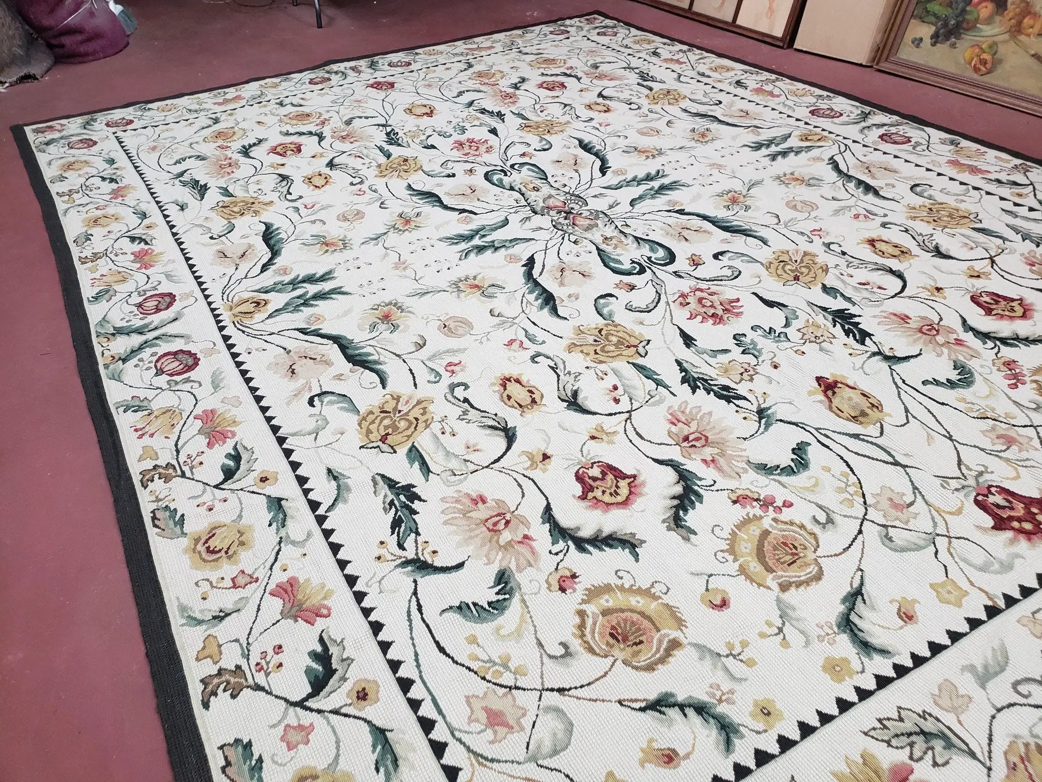New Needlepoint Rug 9x12, Hand Woven Wool Area Rug, Flatweave Carpet, Handmade Chinese Needlepoint, Floral European Design, Ivory Background by Jewel Rugs