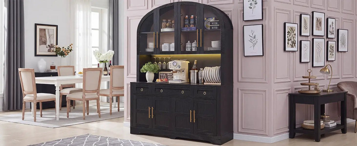 K&K 75.8" Tall Arched Kitchen Pantry Cabinet with LED & Charging Station by HouseOfZazla