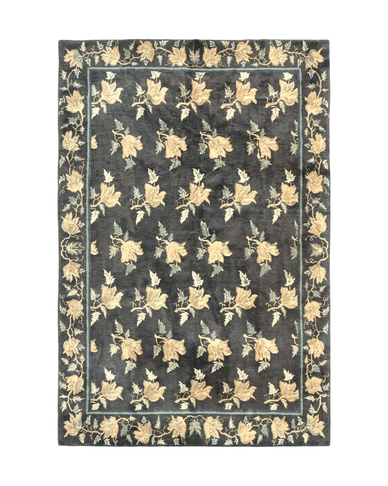 Tibetan Nepal Rug 6x9, Wool Hand Knotted Vintage Carpet 6 x 9, Dark Green & Golden Yellow, Floral Bouquets by Jewel Rugs
