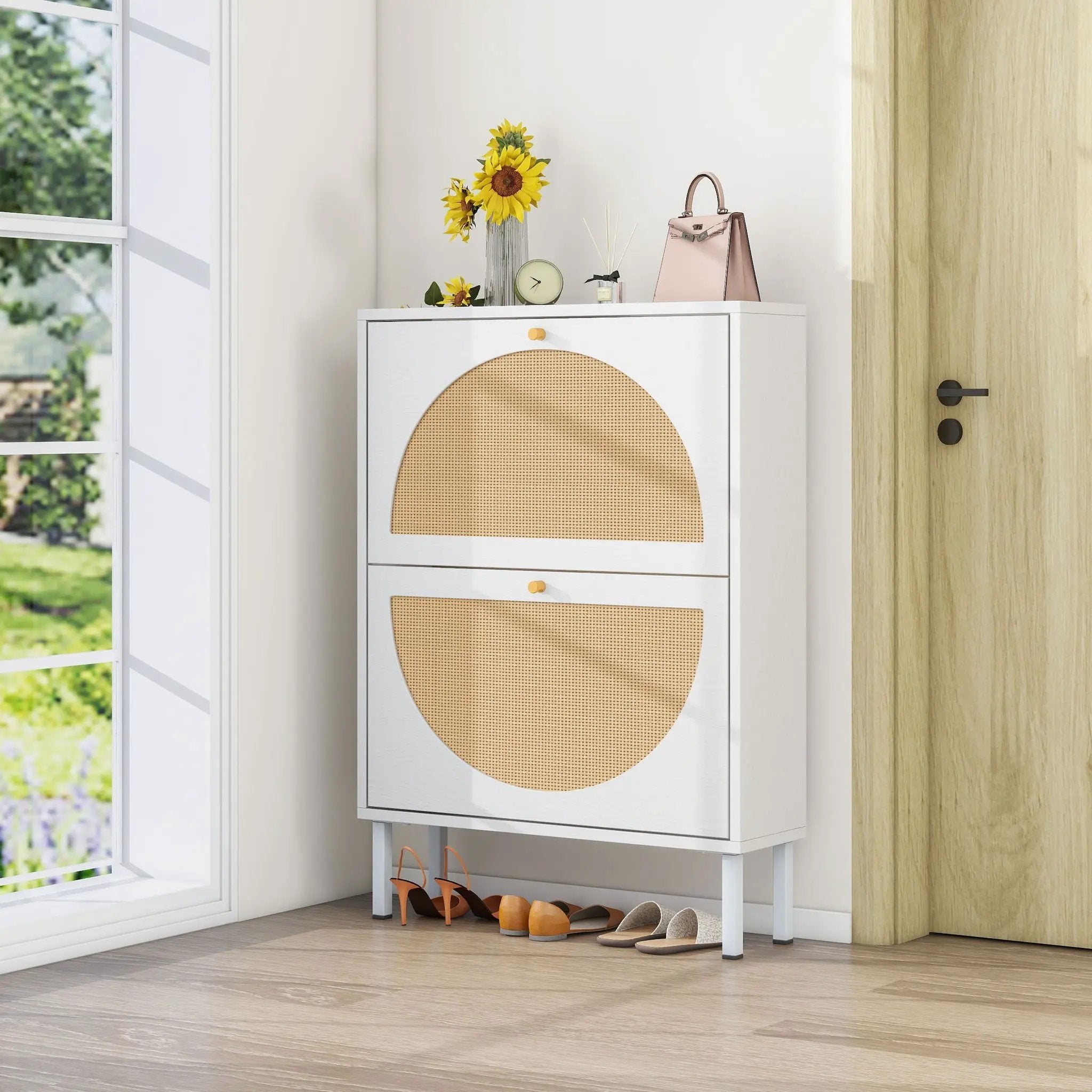 2 Door Shoe Rack, Rattan, Double Layer, Suitable For Living Room, Hallway - White by Unique Piece Furniture
