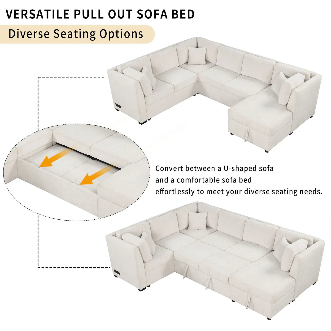 U-Shaped Sectional Sofa Pull Out Sofa Bed With Two USB Ports, Two Power Sockets, Three Back Pillows And A Storage Chaise For Living Room by HouseOfZazla