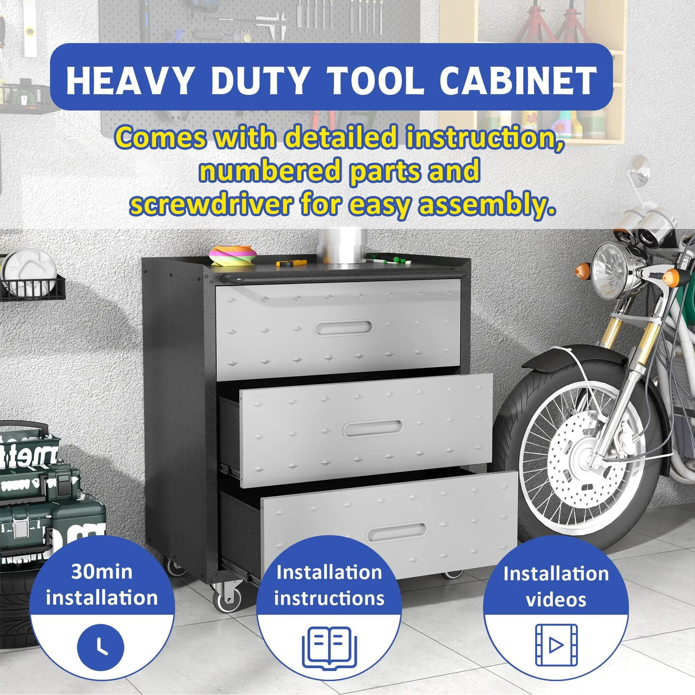 Heavy Duty Metal Storage Cabinet With Wheels 3 Drawer Tool Cabinet For Garage, Office, And Home Organizer Solutions by HouseOfZazla