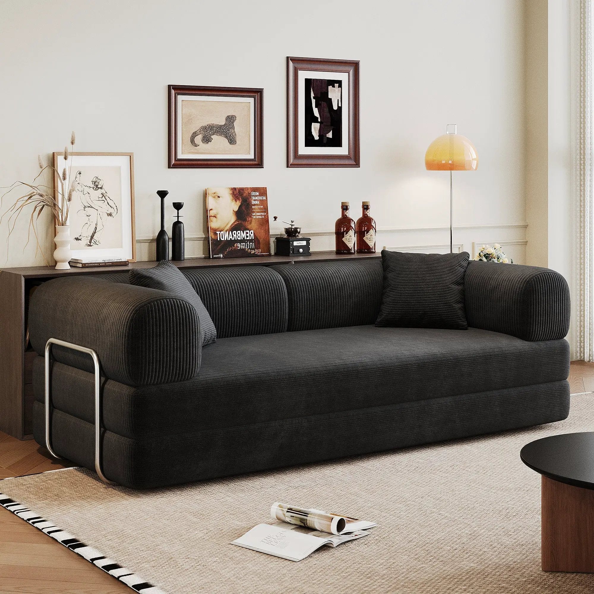 78.8' Compression Sofa,Convertible Floor Sofa Bed-with Pillow Back Support Armrest,Comfy Futon Couch Sleeper Bed,Loveseats Boneless Modular Sectional Sofa,Corduroy fabric,for Living Room,Bedroom,Black by HouseOfZazla