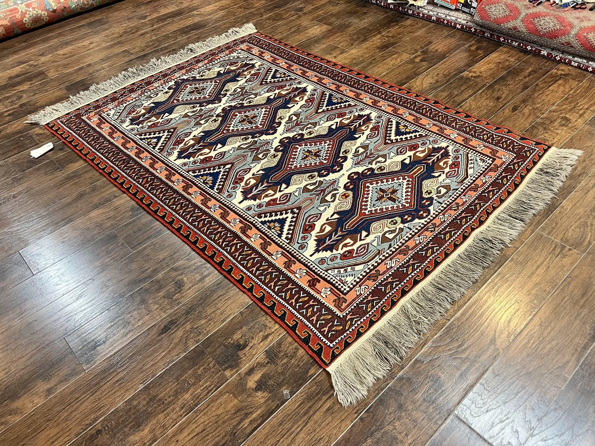 Russian Soumak Rug 6x8, Wool Handmade Antique Kilim Carpet, Multicolor 6 x 8 Geometric Medallions Caucasian Rug, Medium Size by Jewel Rugs