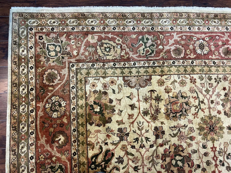 Large Indian Rug 10x14, Hand Knotted Indo Persian Gandehar Oriental Carpet, Vintage Wool Rug 10 x 14 ft Cream Red Floral Allover Traditional by Jewel Rugs