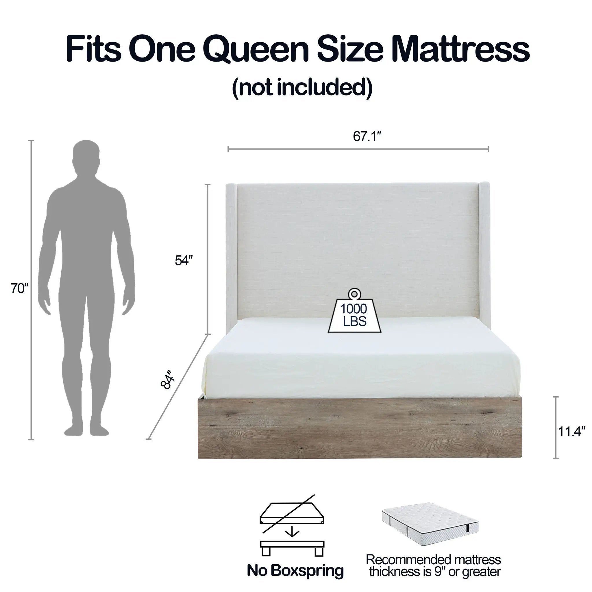 Shelton - Queen Upholstered Wingback Bed With 54" High Headboard - Ivory / Light Gray / Camel Oak by HouseOfZazla