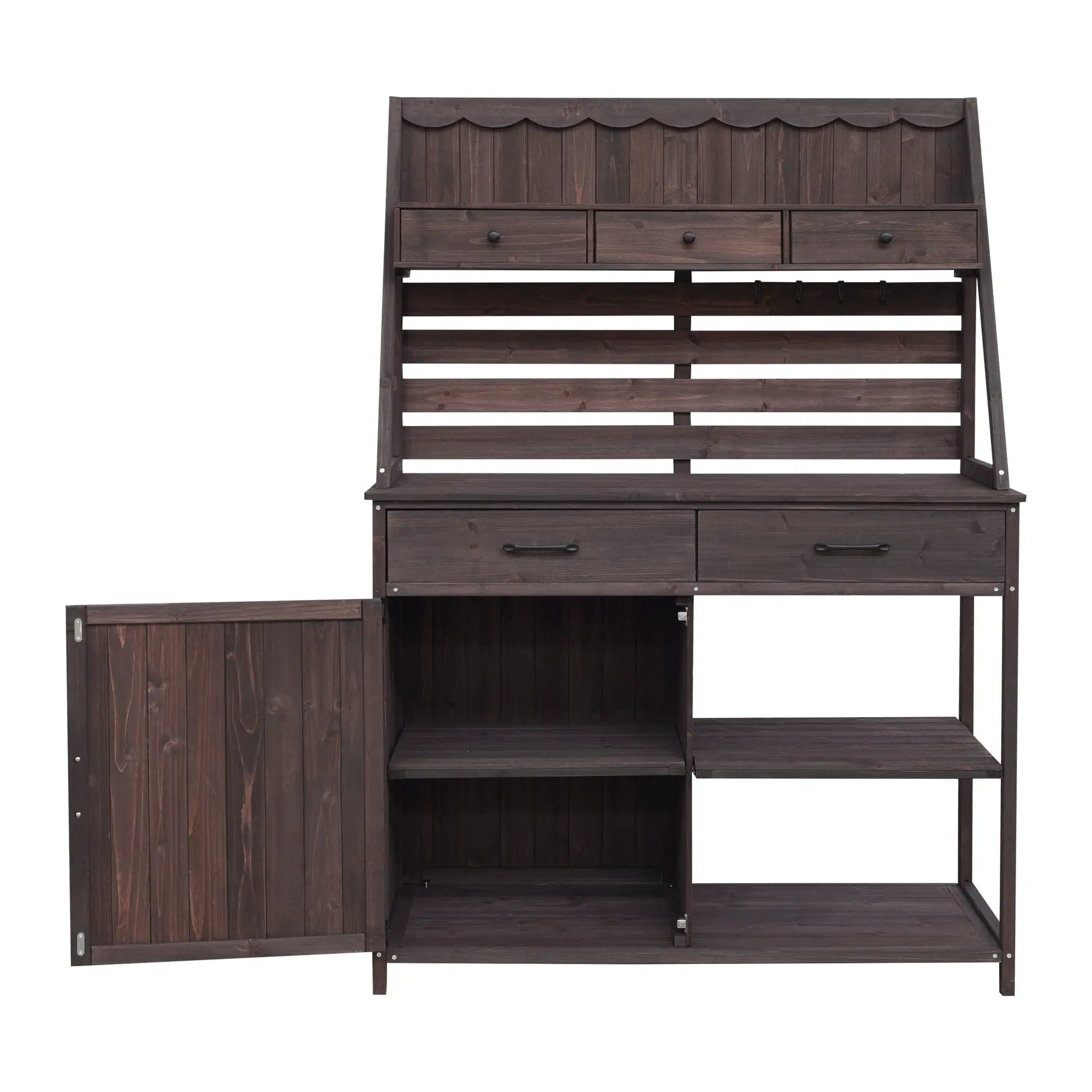 Potting Bench With 5 Drawer Storage And Slatted Back Panel, Garden Workstation - Brown by HouseOfZazla