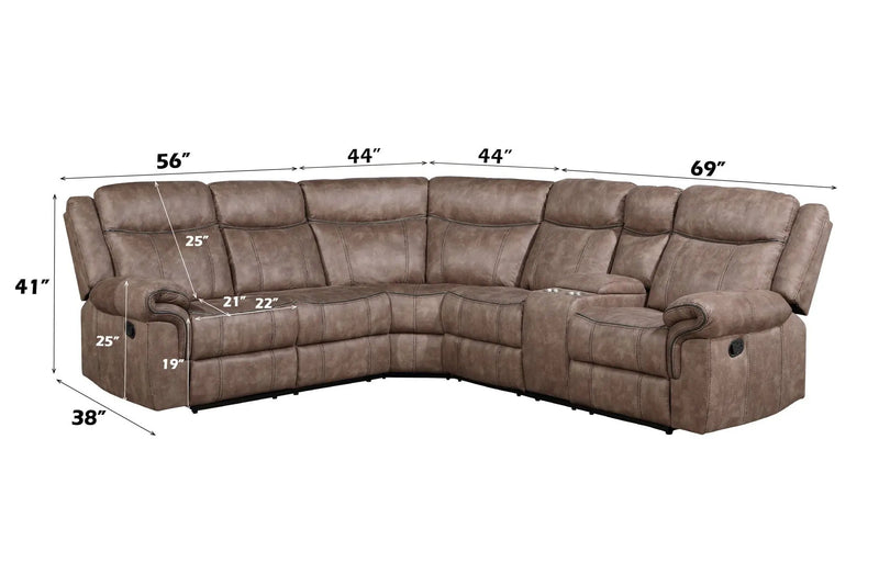 Dollum - Two Tone Nubuck Manual Recliner Sectional Sofa With USB Port Cupholder Console by HouseOfZazla