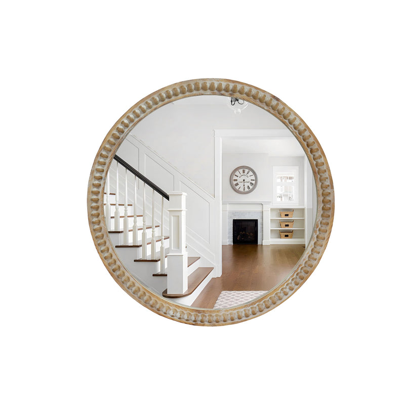 Round Decorative Wall Mirror with Distressed Wood Beaded Frame - 35.43", photo 7 of 9