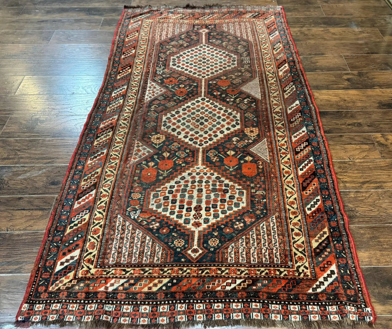 Antique Persian Shiraz Rug 5x8, Khamseh Tribal Wool 1920s Carpet, Navy Blue by Jewel Rugs