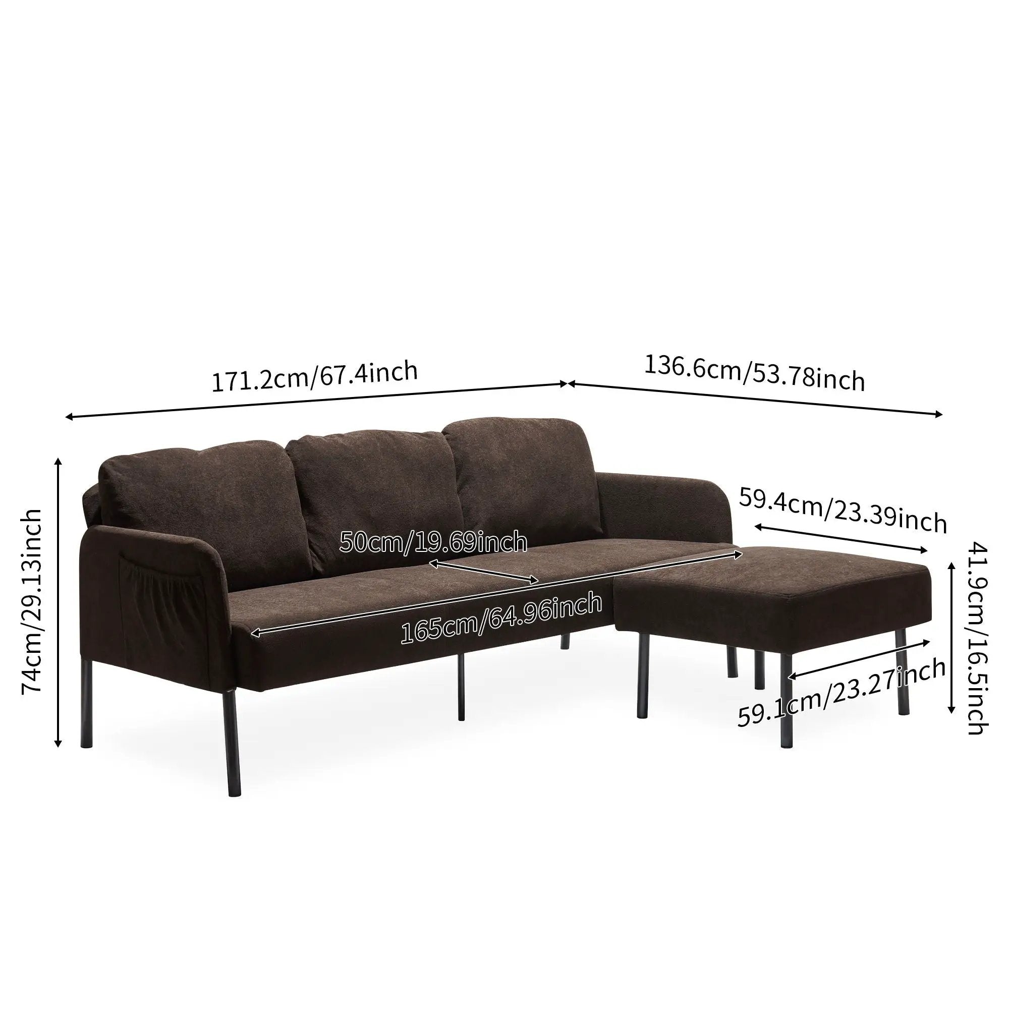 Modern L Shaped 3 Seater Sofa With Ottoman, Upholstered Couch For Small Spaces by Unique Piece Furniture