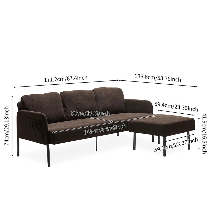 Modern L Shaped 3 Seater Sofa With Ottoman, Upholstered Couch For Small Spaces by HouseOfZazla