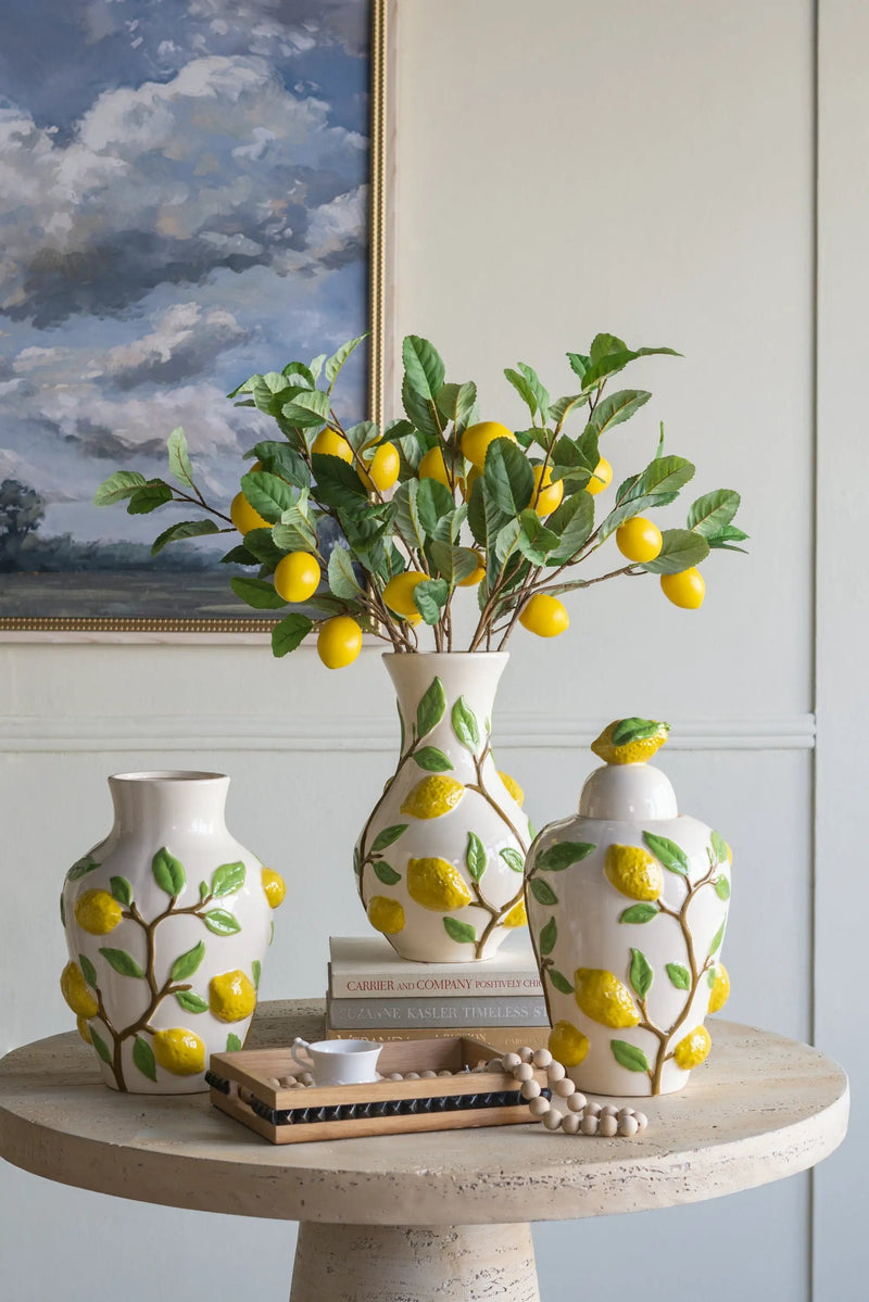 8.7x8.7x15' White Ceramic Lidded Jar with Playful Lemon Design by HouseOfZazla