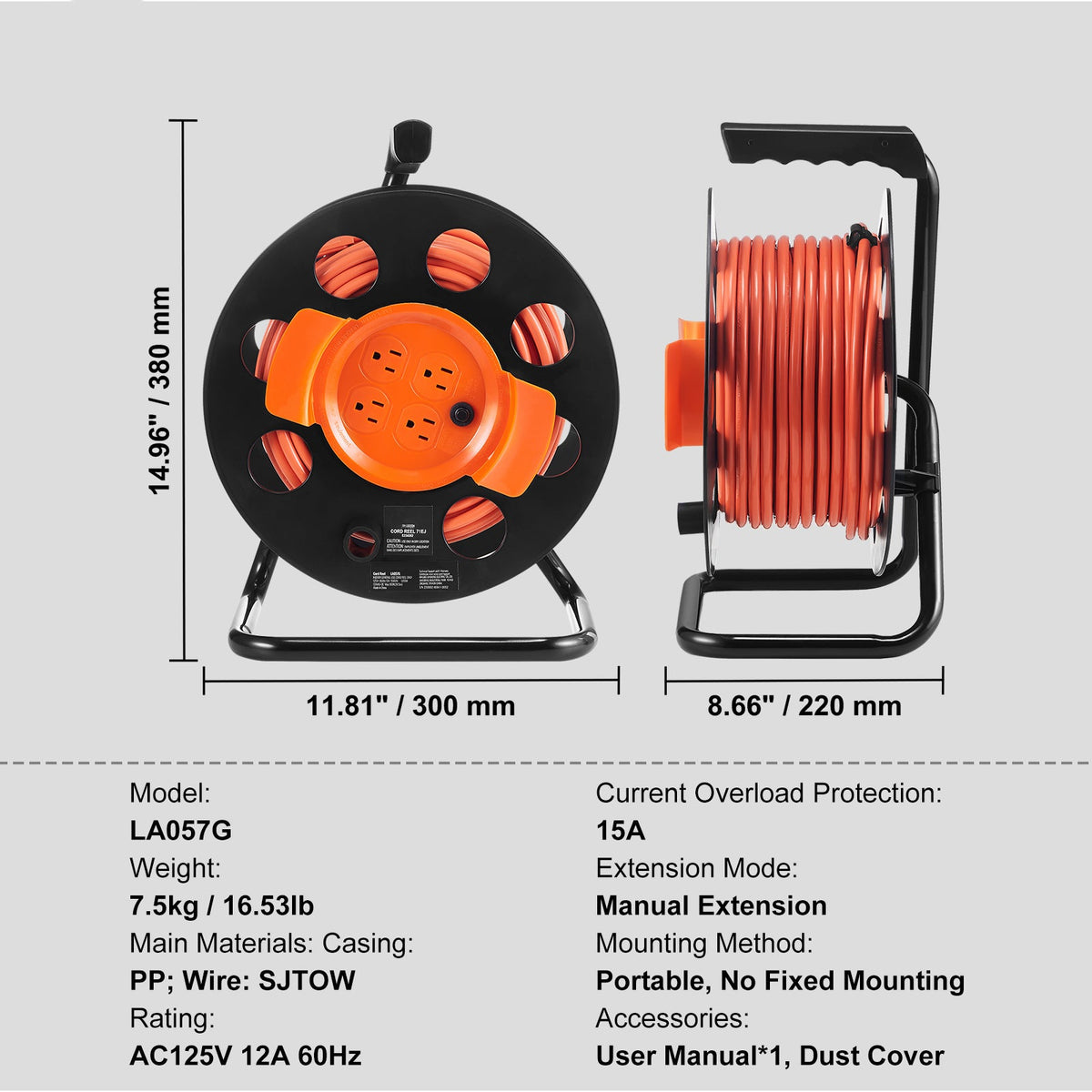 100FT Extension Cord Reel with 4 Outlets and Dust Cover, photo 7 of 10