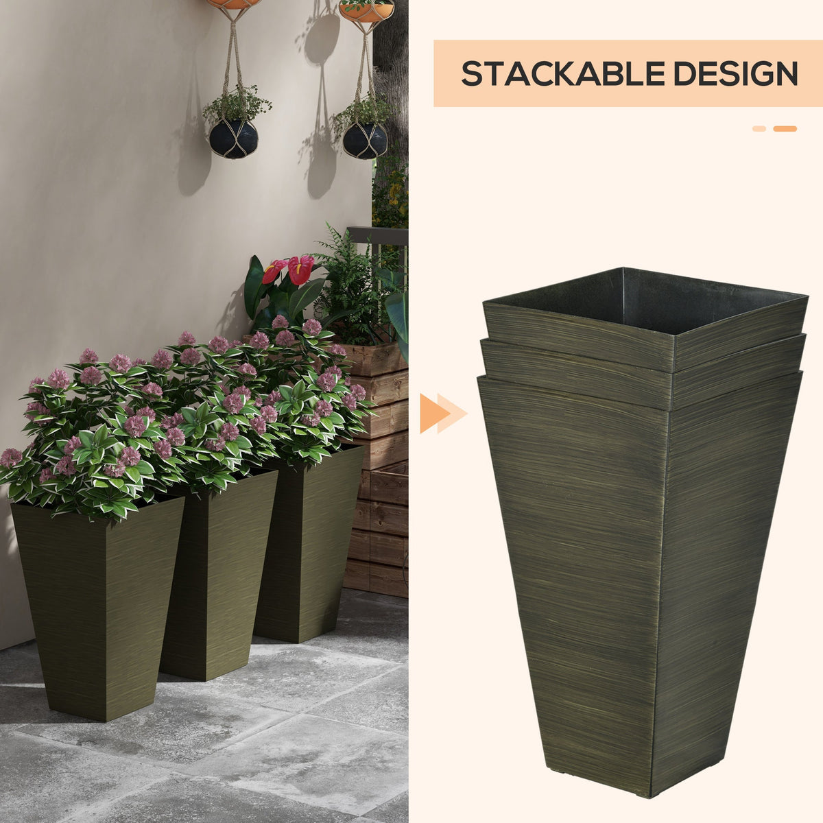 28" Tall Outdoor Planters Set of 3 with Wood Grain Design - Polypropylene, photo 4 of 9