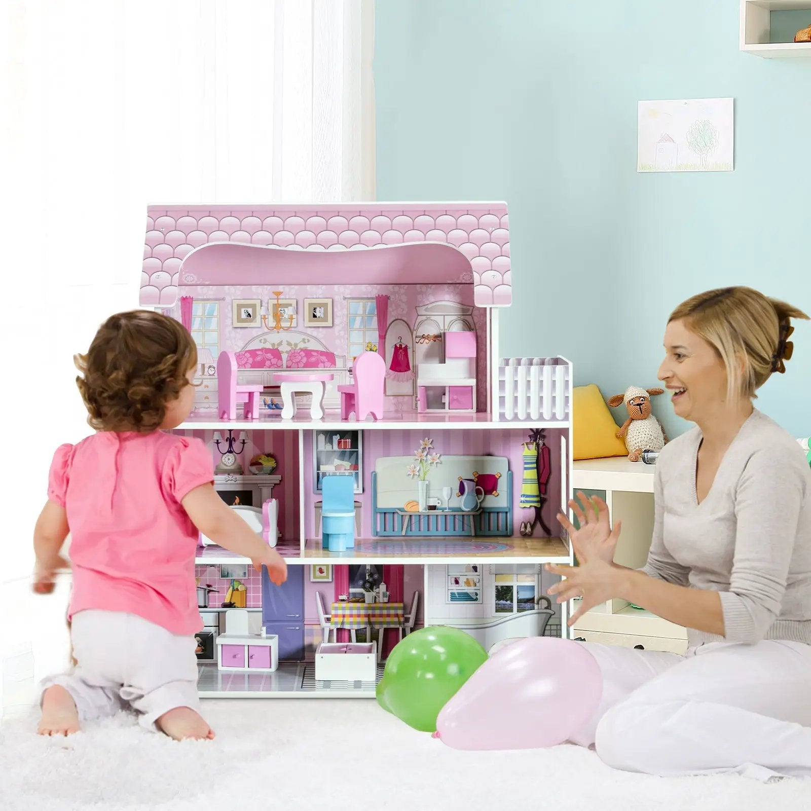 28 Inch Pink Dollhouse with Furniture by DirectDeals
