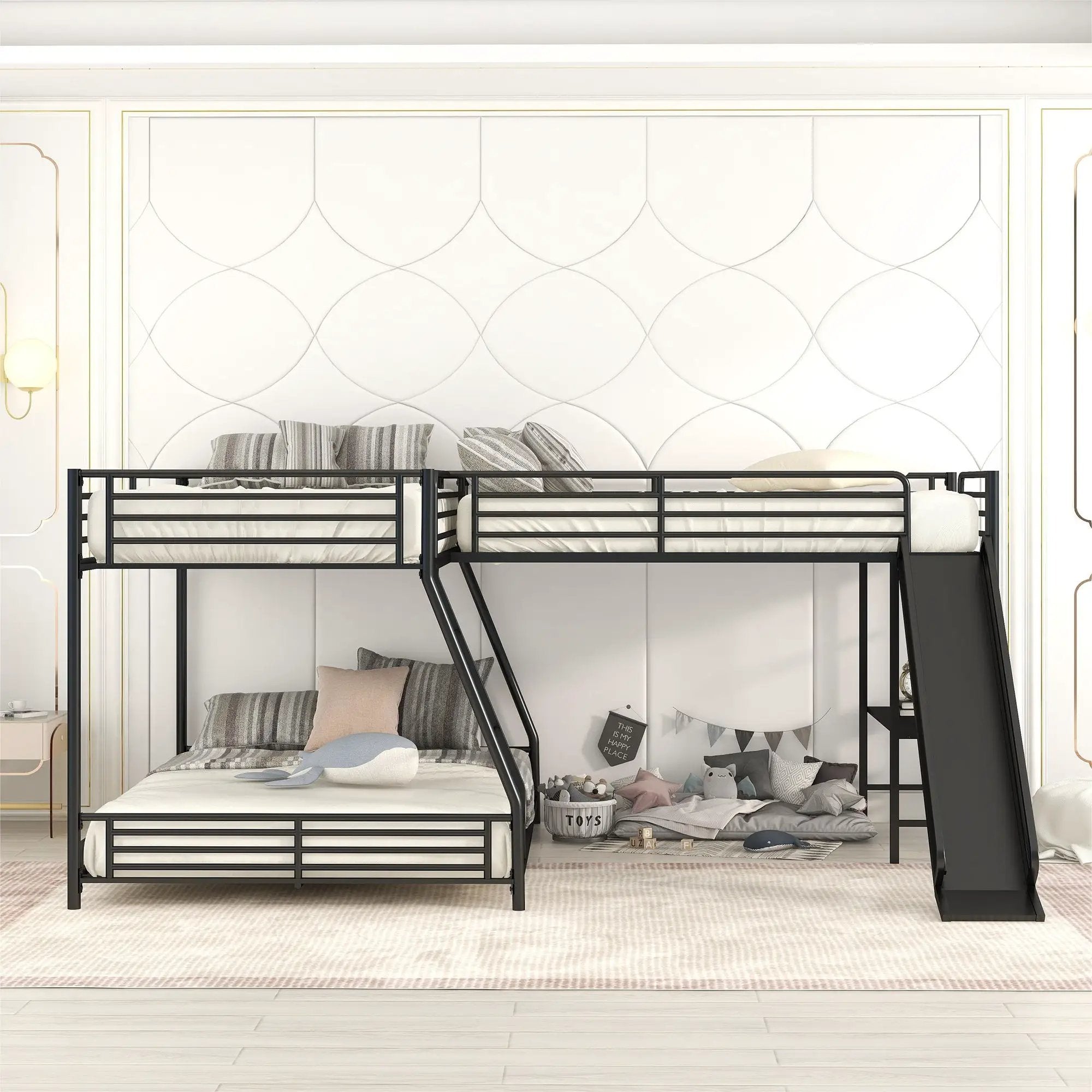 L-Shaped Twin Over Full Bunk Bed With Twin Loft, Built In Desk And Slide - Black by HouseOfZazla