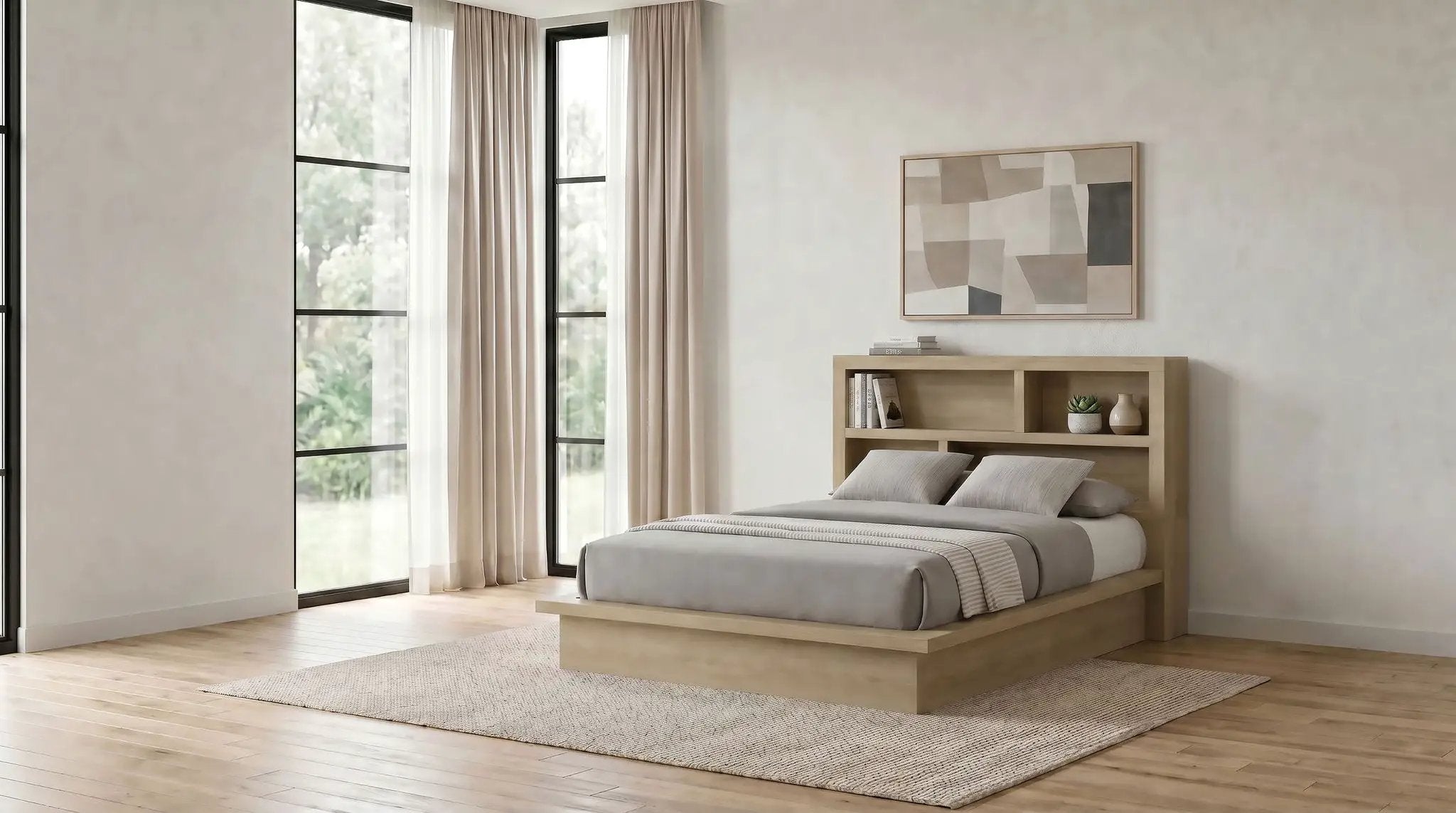 Hendricks Queen Bookcase Headboard Platform Bed Light Oak by Unique Piece Furniture