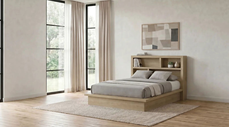 Hendricks Queen Bookcase Headboard Platform Bed Light Oak by Unique Piece Furniture