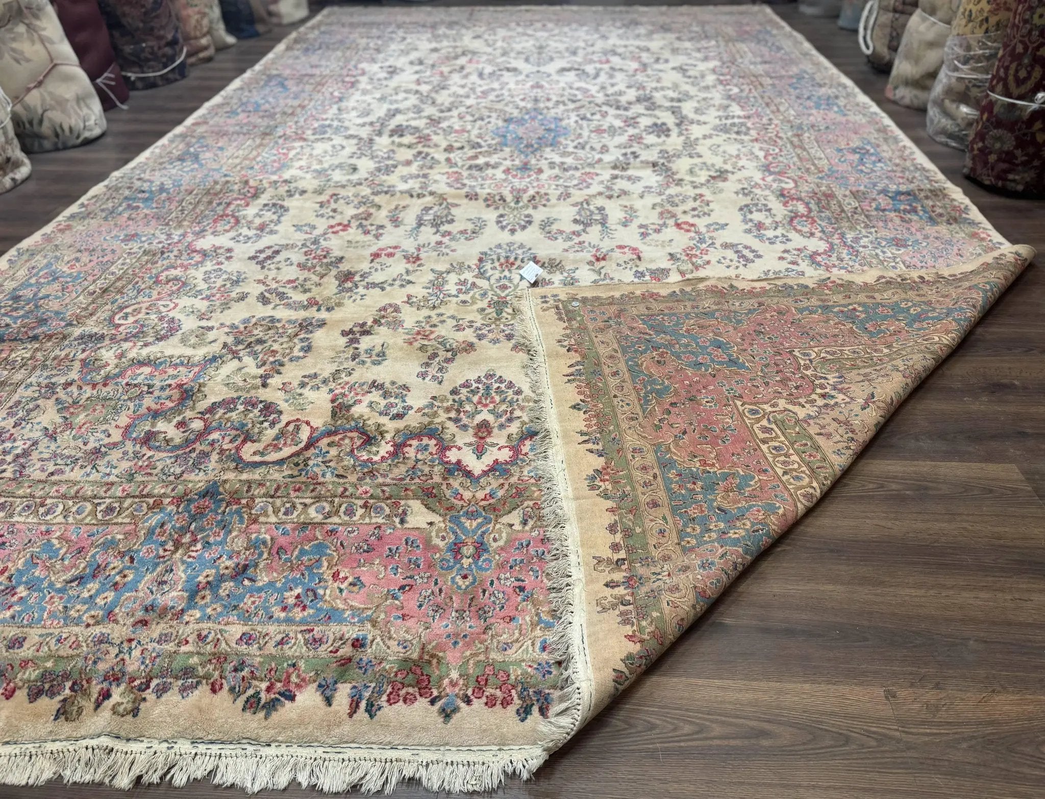 Palace Size Persian Kerman Rug 11x20 ft, Very Fine 340 KPSI, Vintage Oversized Wool Handmade Large Persian Carpet, Beige Light Blue Pink by Jewel Rugs