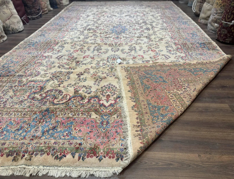 Palace Size Persian Kerman Rug 11x20 ft, Very Fine 340 KPSI, Vintage Oversized Wool Handmade Large Persian Carpet, Beige Light Blue Pink by Jewel Rugs