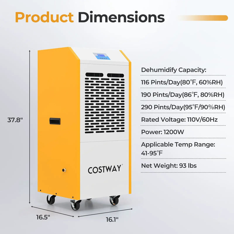 290 Pints Commercial Dehumidifier with Pump and Drain Hose for Basement Warehouse-Yellow by DirectDeals