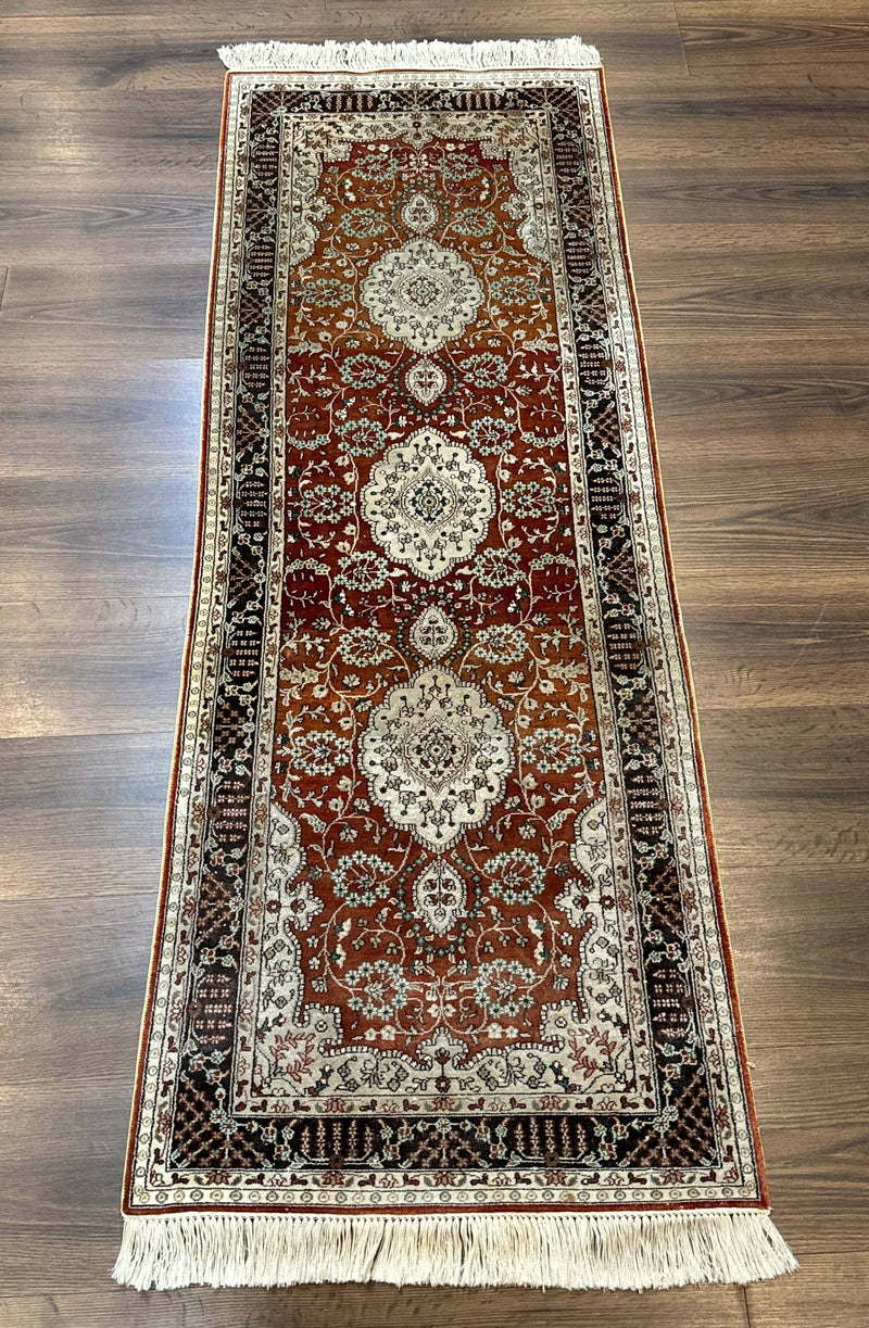 Turkish Silk Narrow Runner Rug 2 x 5.8, Very Fine 340 KPSI, Floral Medallions, Red by Jewel Rugs
