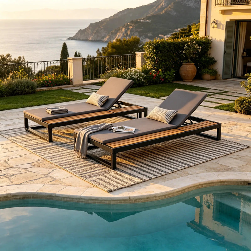 Black Iron & Teak Finish Chaise Lounge Set by HouseOfZazla