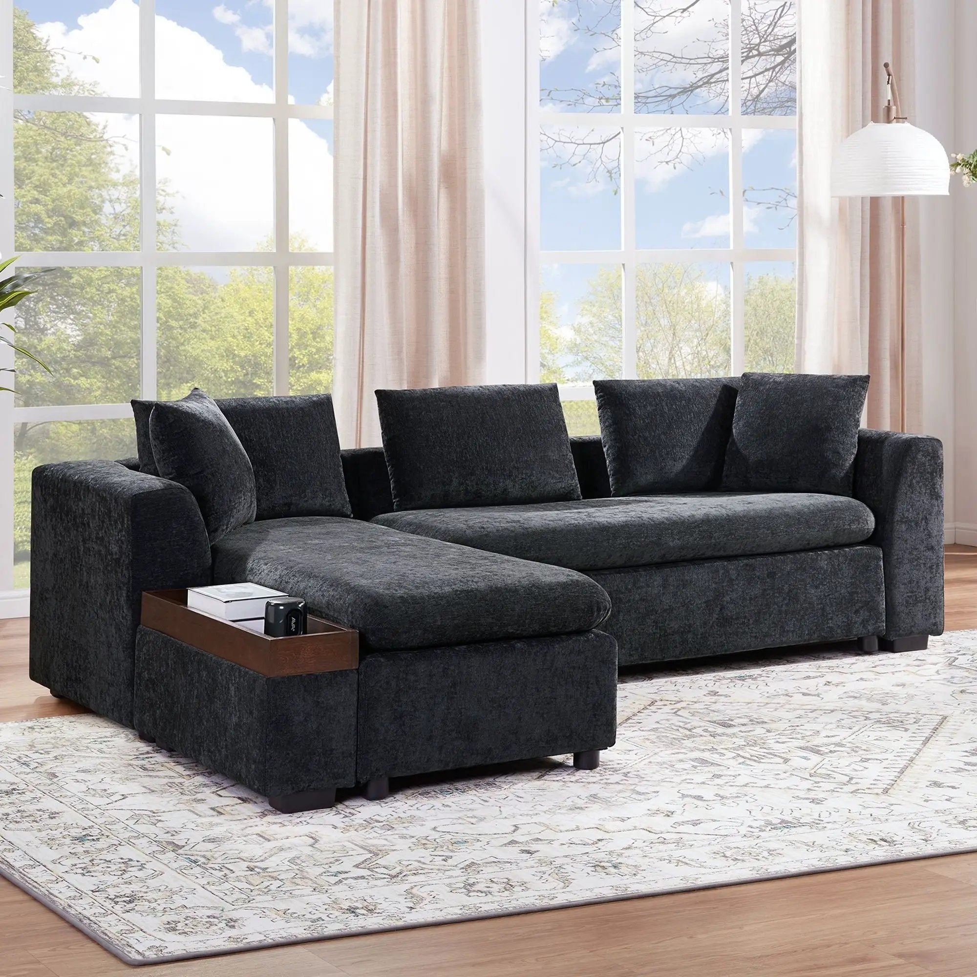 Modern L Shaped Sectional Sofa With Upholstery And Wooden Storage by HouseOfZazla