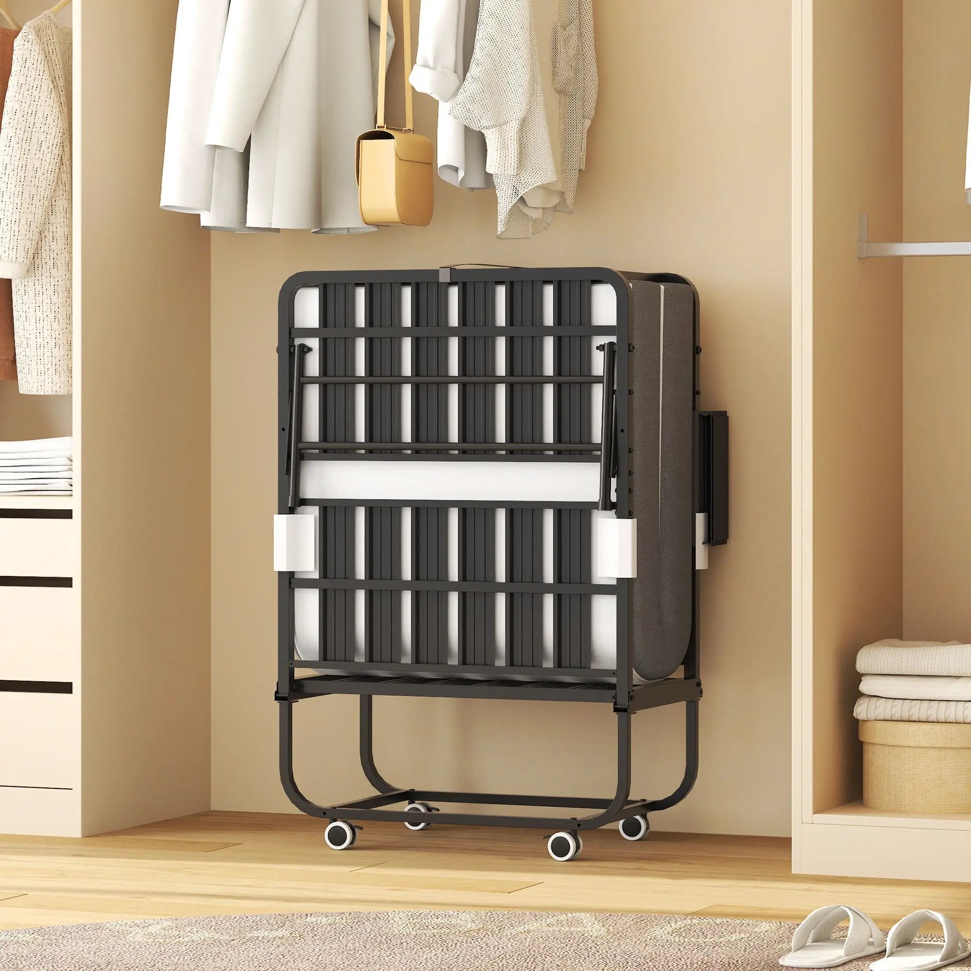 Twin Folding Bed With Adjustable Headboard & Memory Foam, Space Saving Rollaway Guest For Tall People, Portable On Wheels, Easy Assembly - Black by Unique Piece Furniture