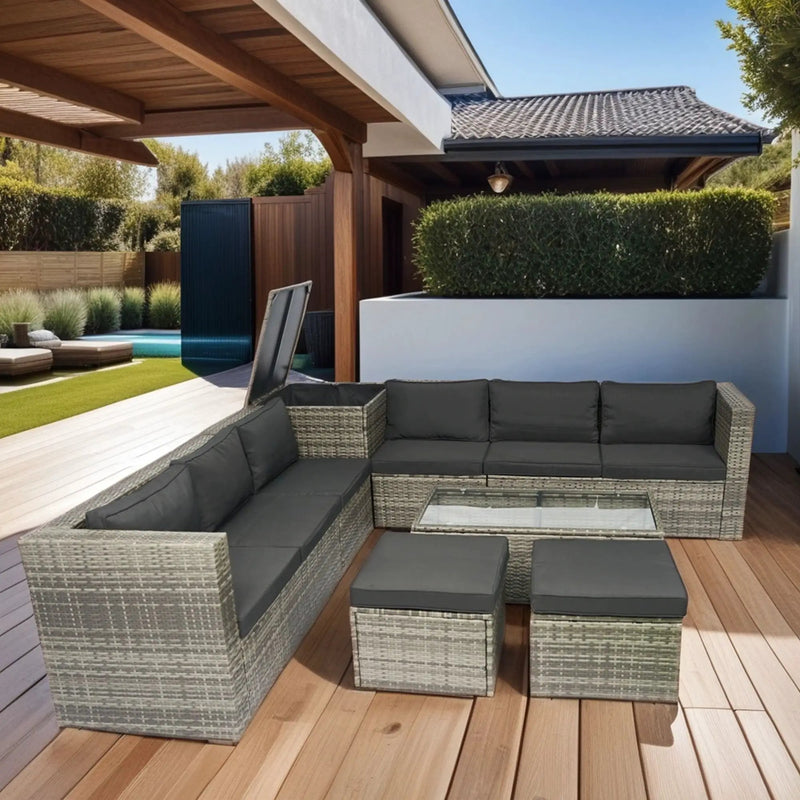 8 Piece Patio Sectional Wicker Rattan Outdoor Furniture Sof Set With One Storage Box Under Seat And Cushion Box - Gray / Black by Unique Piece Furniture