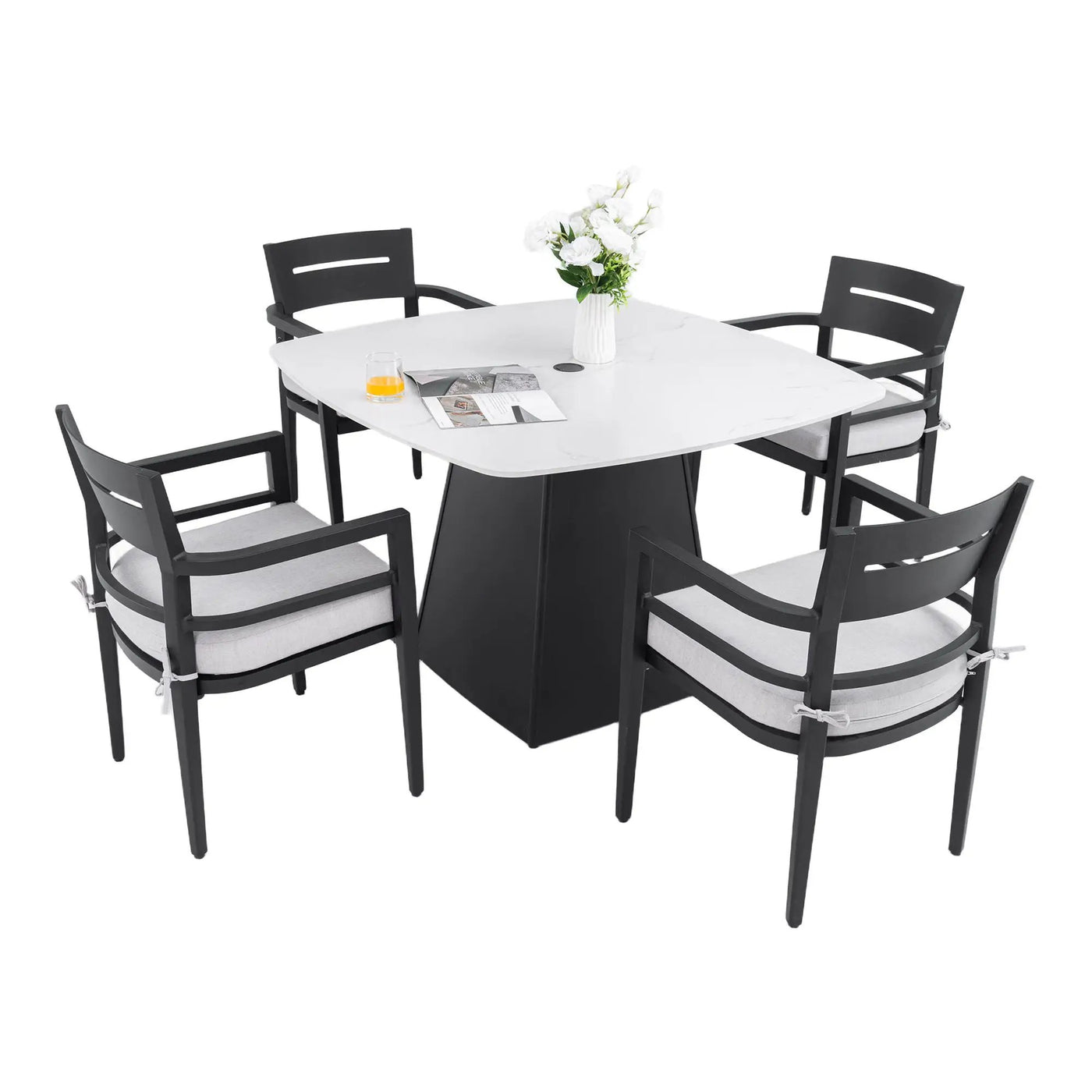 Outdoor Patio Dining Set, Squircle Dining Table, Dining Chairs With Sunbrella Cushions by HouseOfZazla