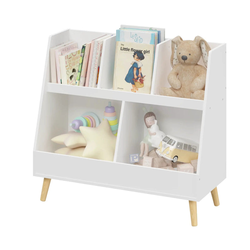 Kids Bookshelf And Toy Organizer, 5 Cubbies Wooden Open Bookcase, 2-Tier Baby Storage Display Organizer With Legs, Free Standing For Playing Room, Bedroom, Nursery, Classroom - White by HouseOfZazla