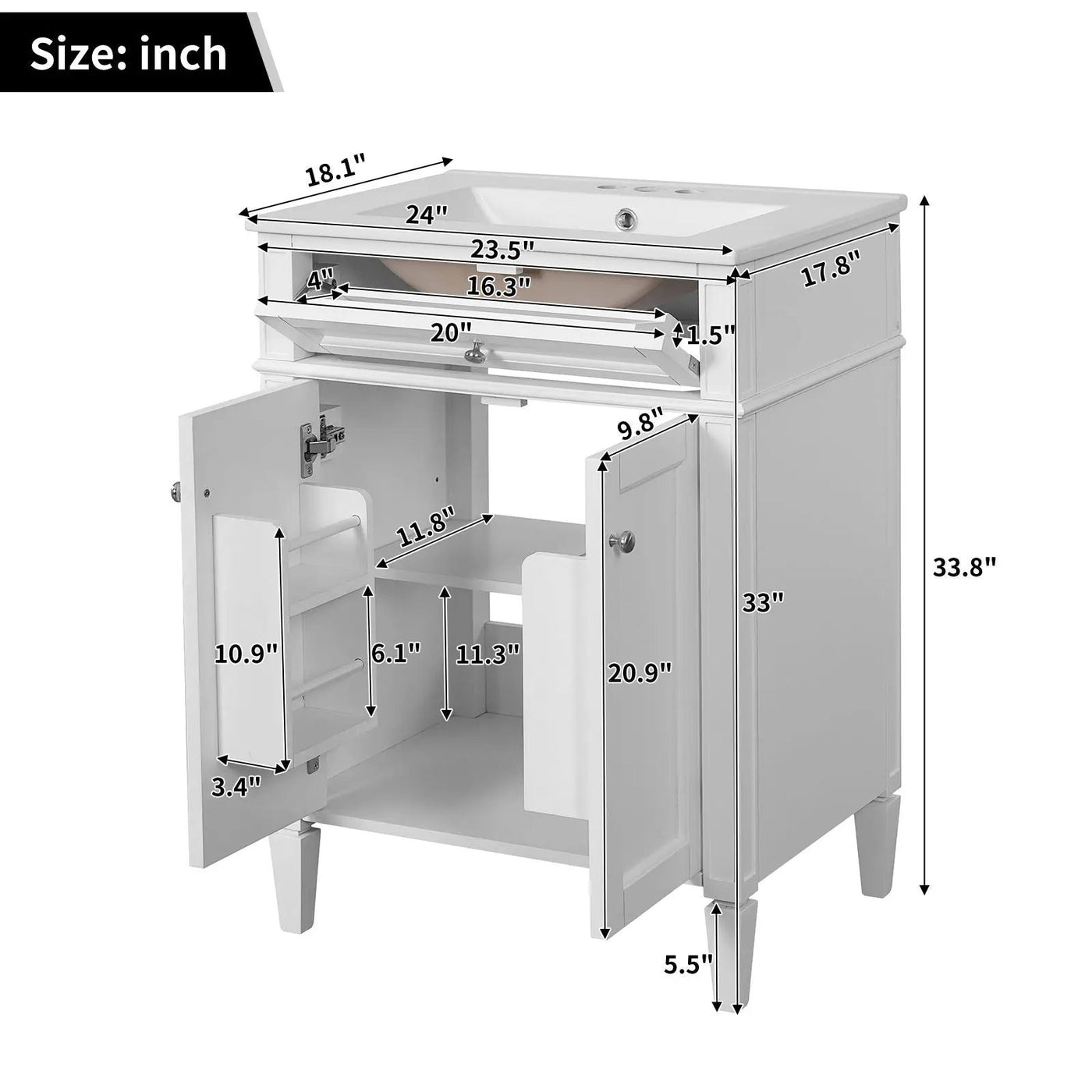 Bathroom Vanity With 2 Doors And Tip Out Drawer, Soft Closing Hinges by HouseOfZazla
