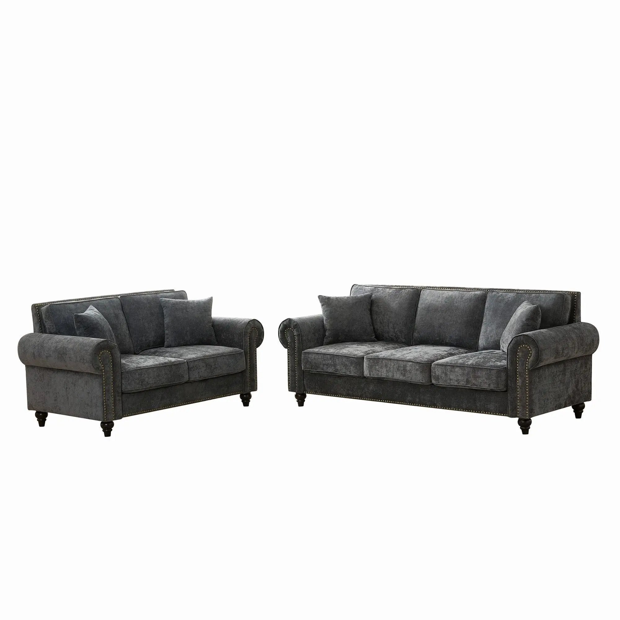 Modern 3 And 2 Seater Sofa With Rolled Arms, Tufted Upholstered Couch by HouseOfZazla