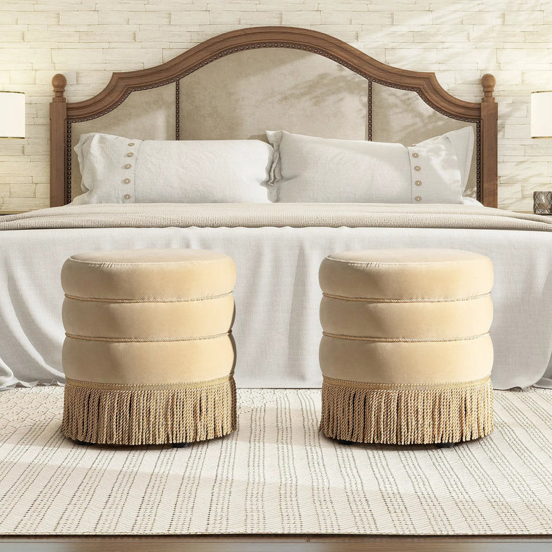 Edward 17.5" Round Upholstered Ottoman with Bullion Fringe by HouseOfZazla