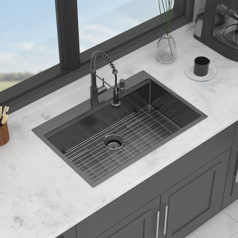 Drop In Workstation Sink Topmount Single Bowl With Pull Out Faucet And Soap Dispenser - Gunmetal Black by HouseOfZazla