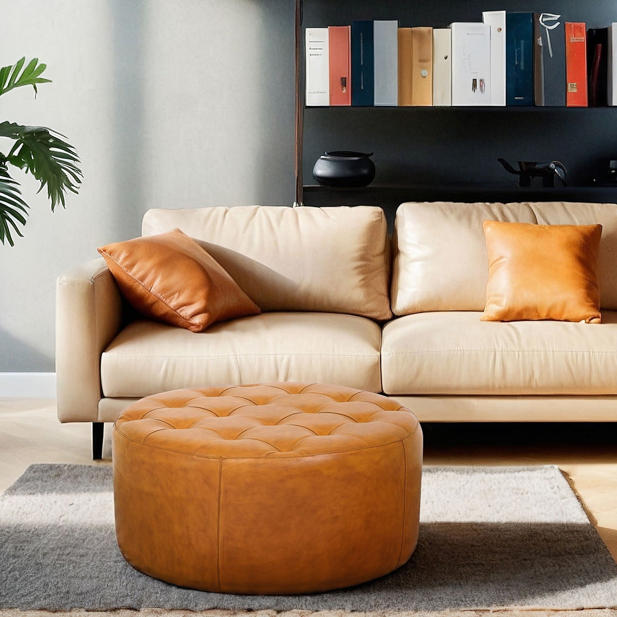 Light Tan Leather Ottoman with Solid Wood Base - Seletar, photo 3 of 8