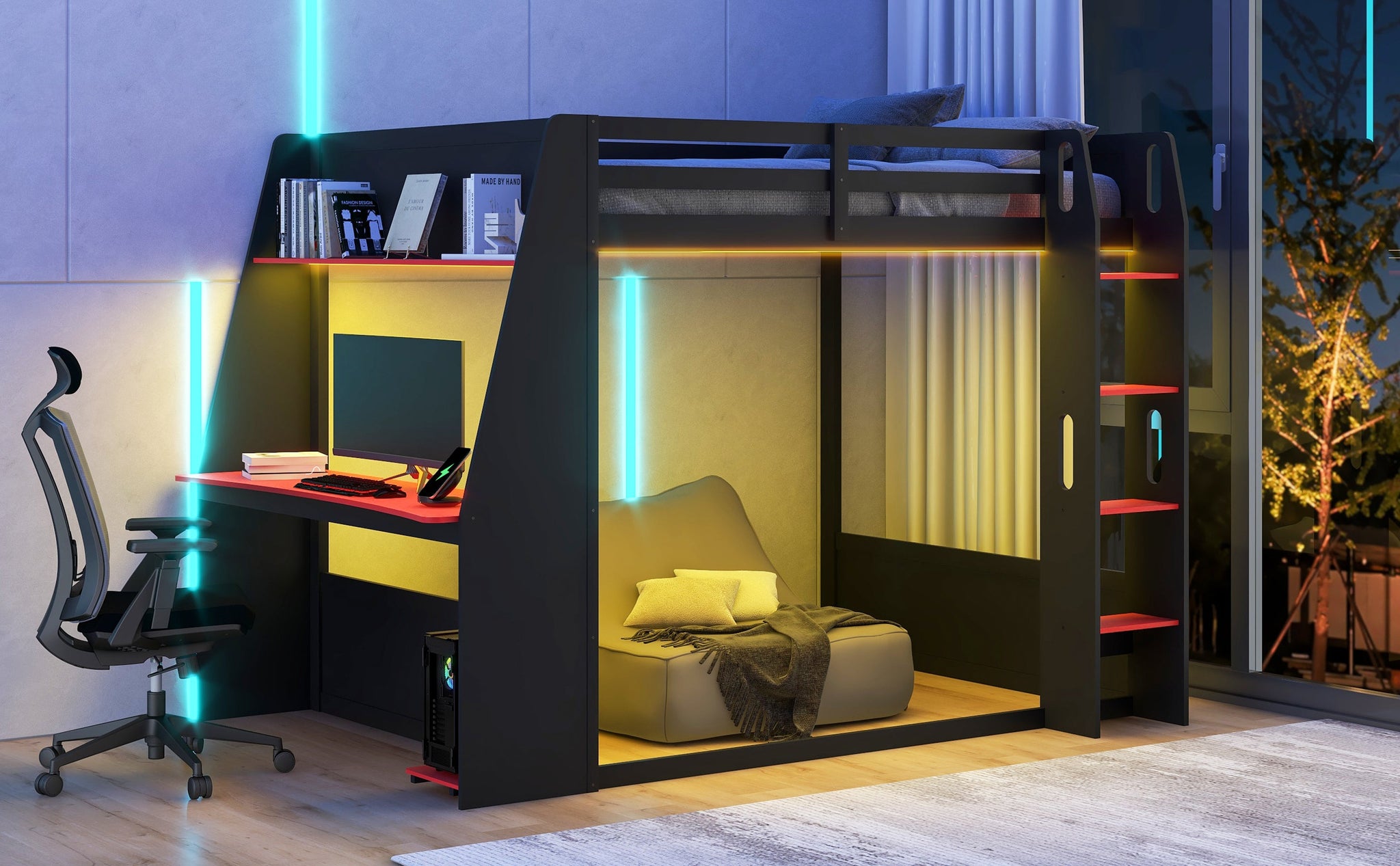 Full Size Wooden Gaming Bunk Bed with Desk, Two Storage Shelves, USB and LED Light by HouseOfZazla