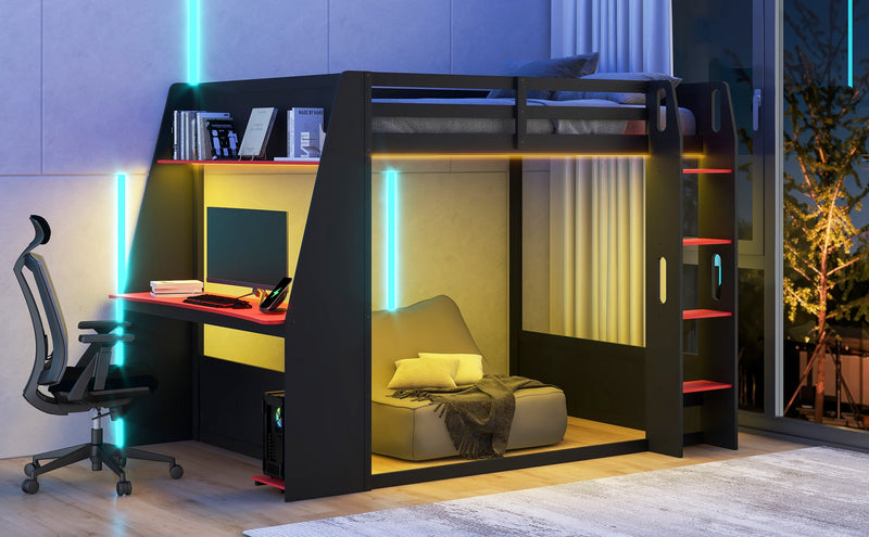 Full Size Wooden Gaming Bunk Bed with Desk, Two Storage Shelves, USB and LED Light by HouseOfZazla
