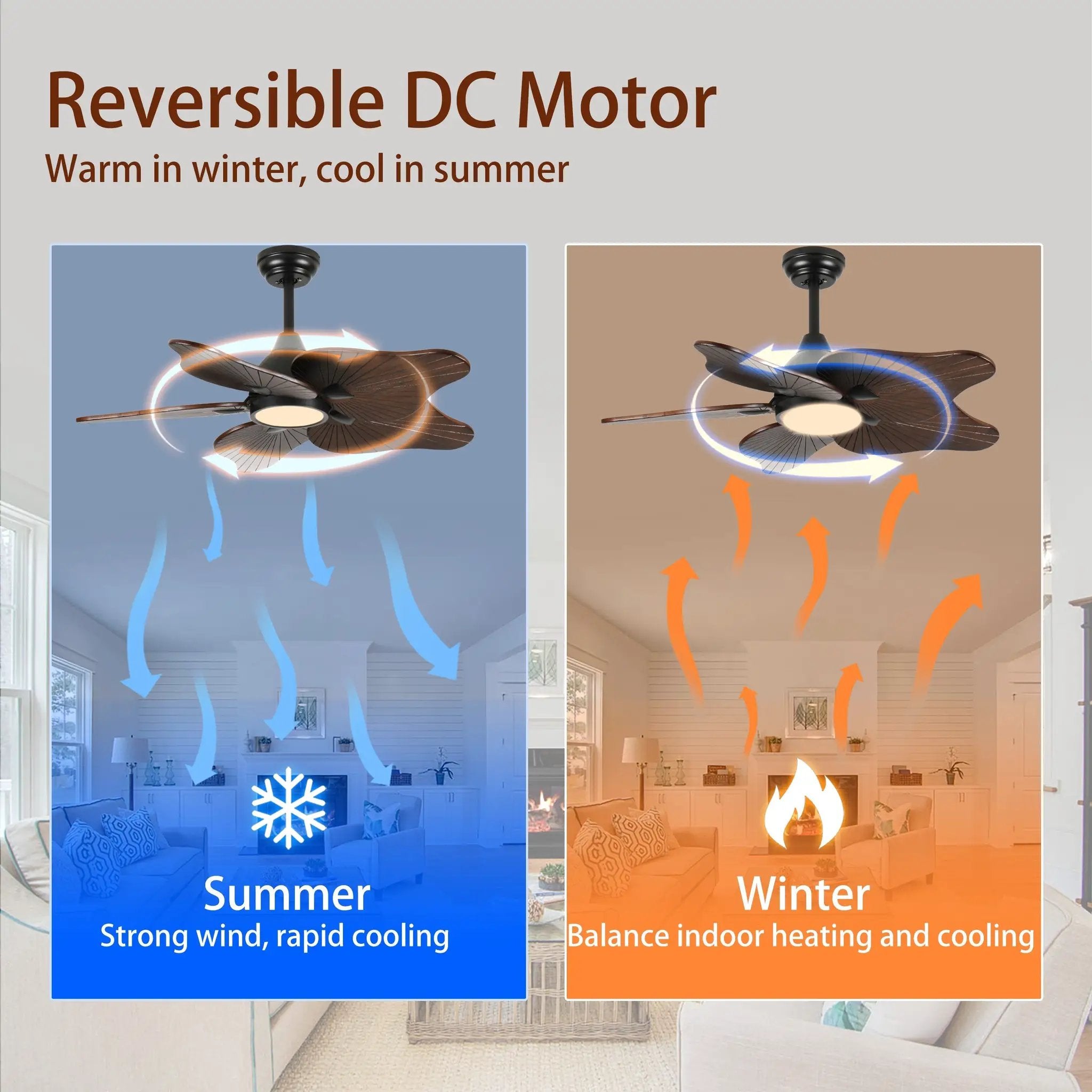 44-Inch Ceiling Fan with Light, 5 Solid Wood Blades, DC Motor by HouseOfZazla