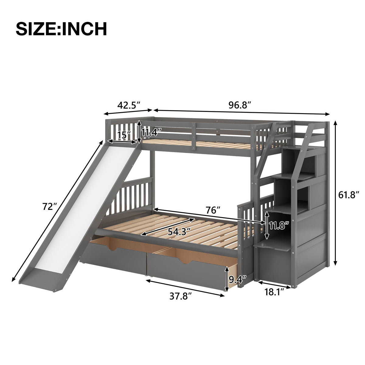 Bunk Bed with Storage Staircase, Slide & Desk - Twin or Full - Dark Gray or White, photo 11 of 40