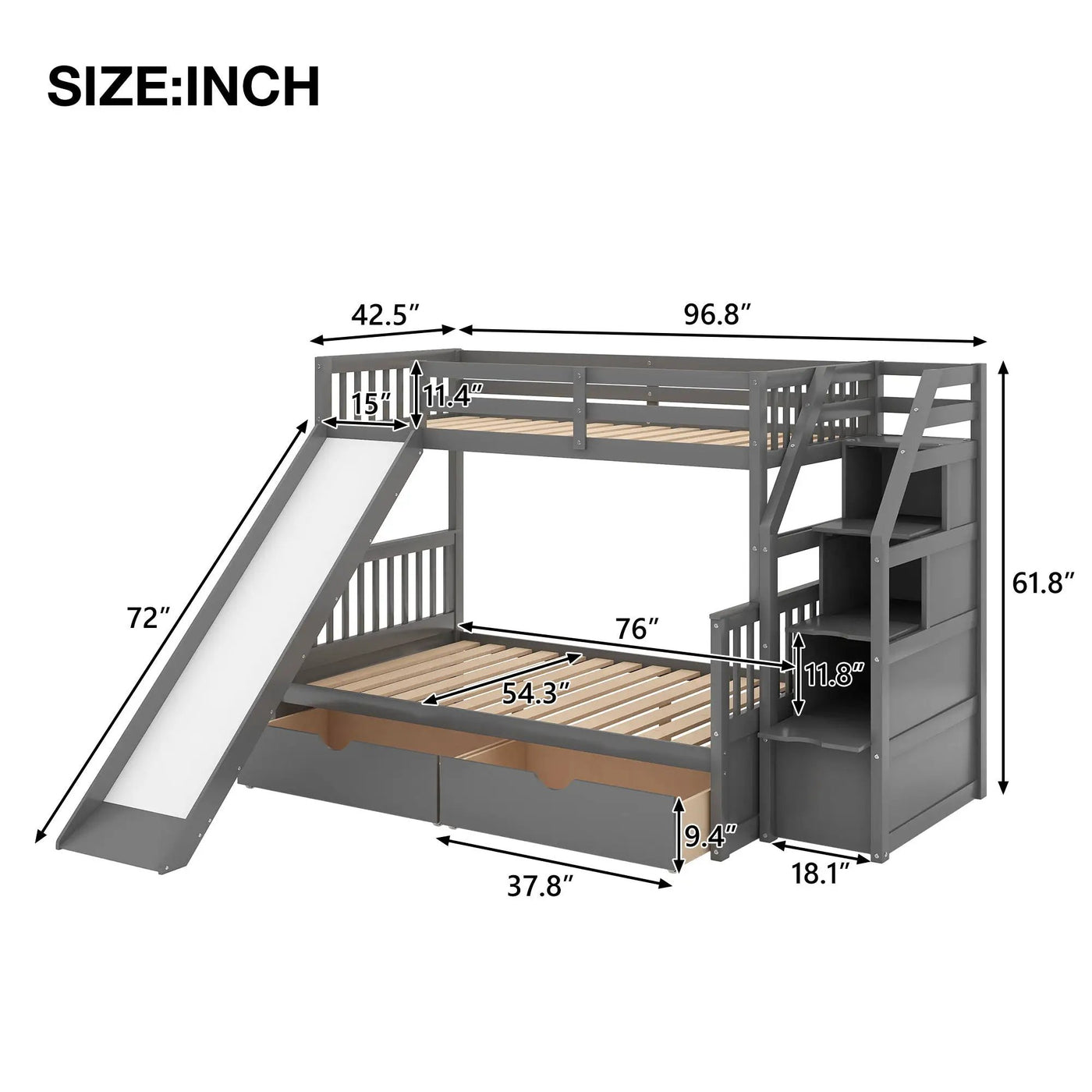 Bunk Bed With Storage Staircase, Slide, Desk, Drawers, And Shelves by HouseOfZazla