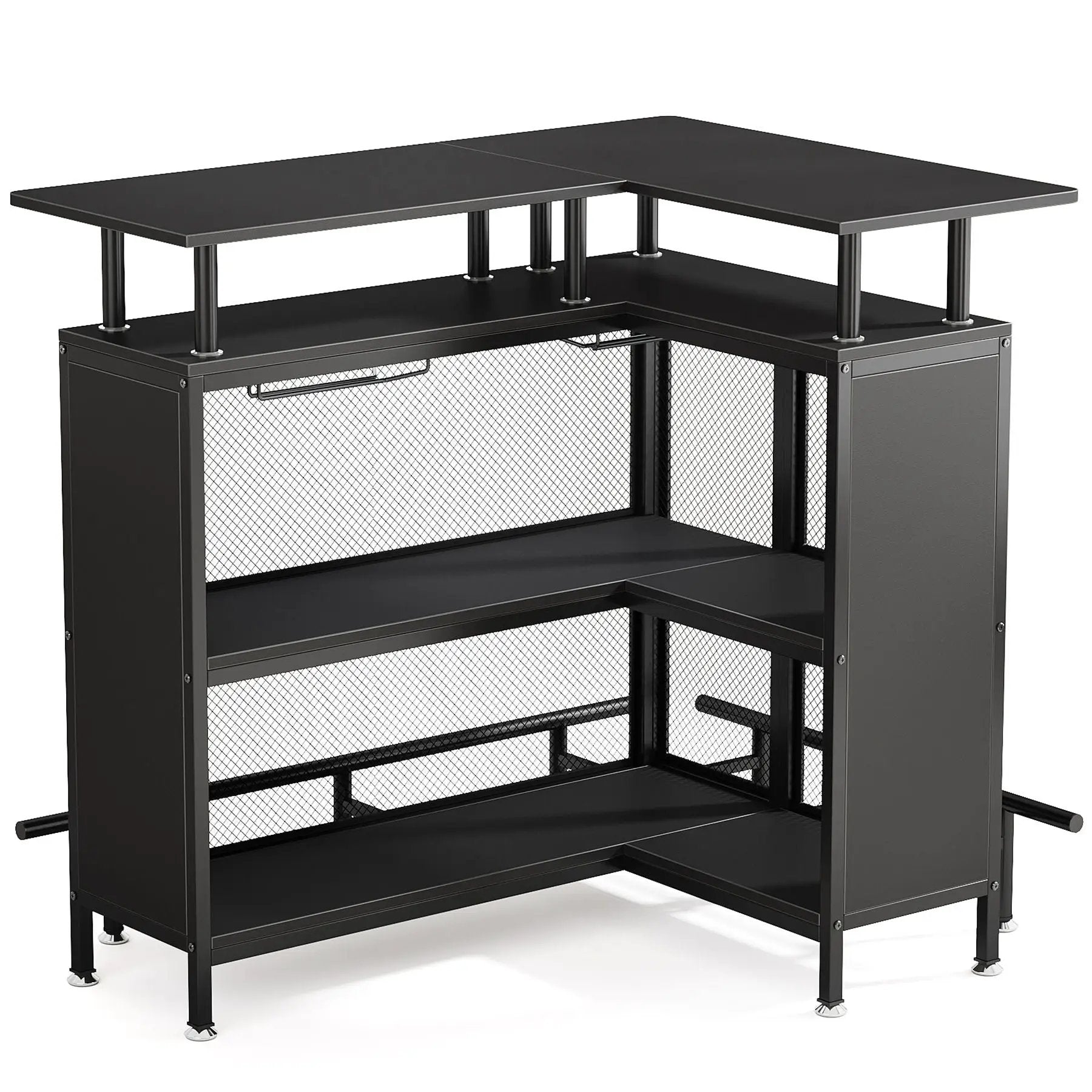 L Shaped Home Mini Bar Table With 2 Tier Shelves & Glass Racks - Black by HouseOfZazla