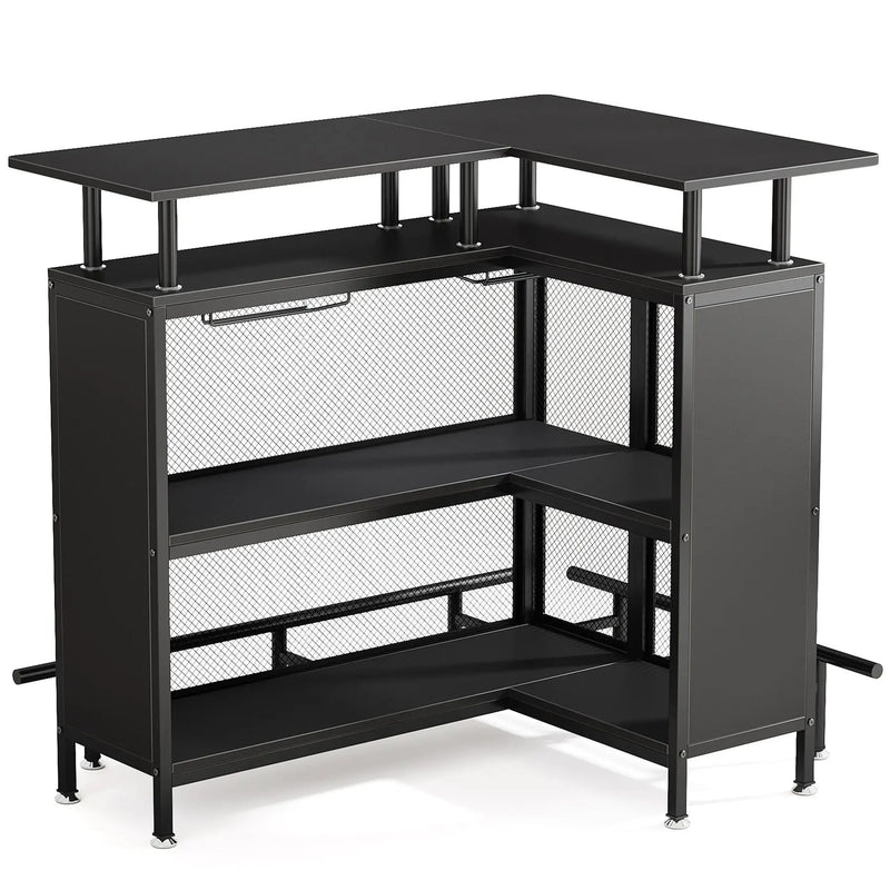 L Shaped Home Mini Bar Table With 2 Tier Shelves & Glass Racks - Black by HouseOfZazla