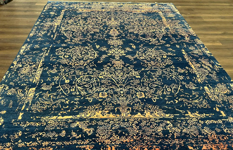 Area Rug 8x10 High Quality Handmade Oriental Carpet, Modern Contemporary Rug, Rug for Living Room, Wool Rug, Blue and Gold, Pakistani Rug by Jewel Rugs