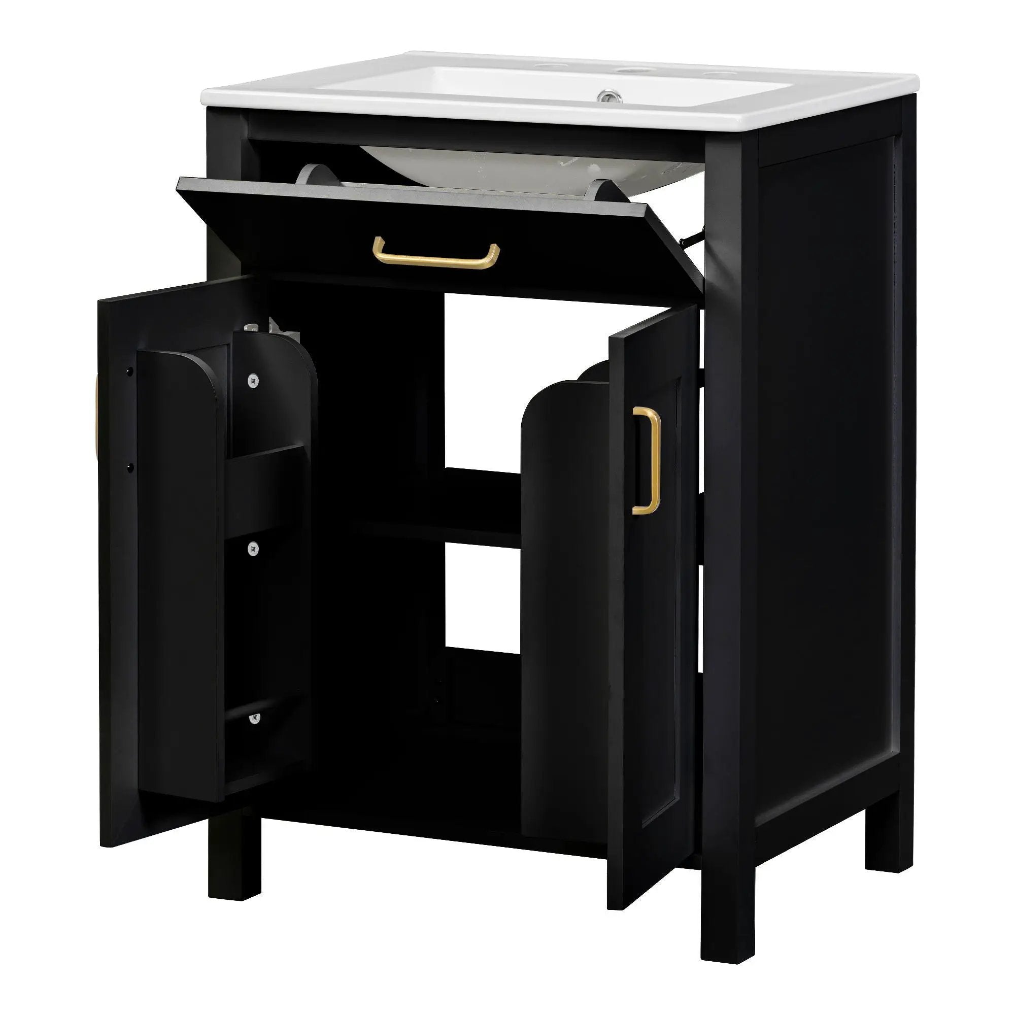 Modern Bathroom Vanity With Ceramic Sink, Soft-Close Doors, Flip Drawer, U-Shaped Shelves, Elegant Storage Solution