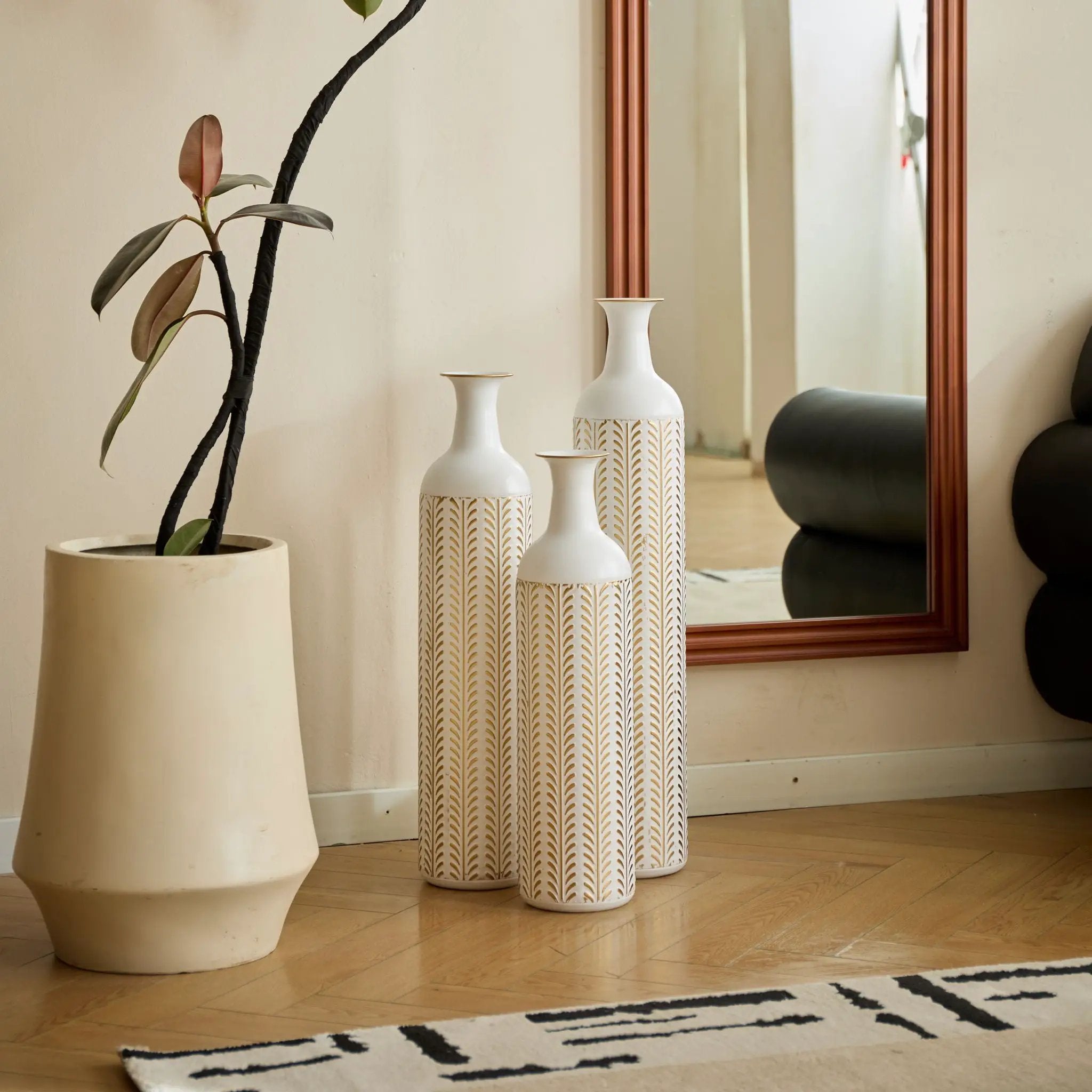 Floor Metal Vase Modern Style Decoration Home Metal Vase 3 Piece Set Gorgeous Home Decoration Large Glazed Metal Vase - Gold / White by HouseOfZazla