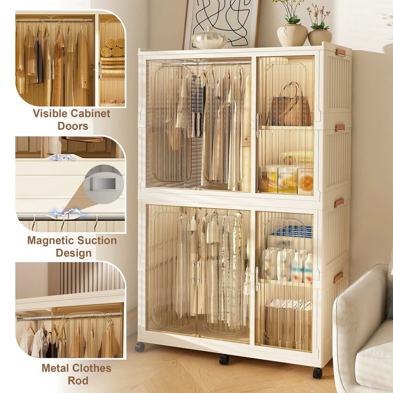 Portable Wardrobe Closet Storage Organizer For Clothes, 6 Magnetic Doors With 6 Cubes & 2 Hanging Rods, 6 Hangers - Cream White by Unique Piece Furniture